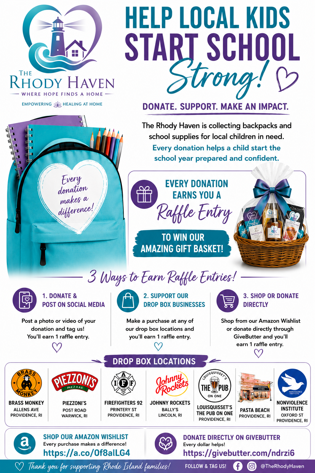 Donation flyer with drop box locations and raffle entry details